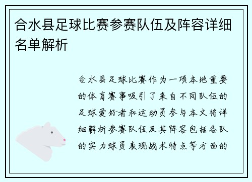 合水县足球比赛参赛队伍及阵容详细名单解析